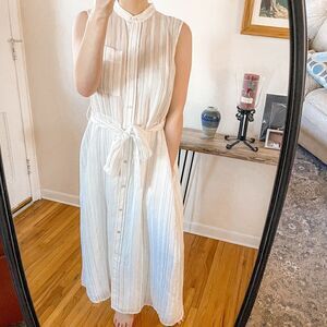 Vince Stripe Button Up Belted Midi Dress White M